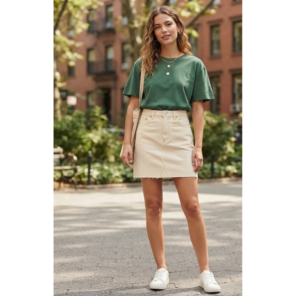 Jordache Vintage Cream Denim Mini Skirt High Waisted Cotton Size 14 Off White